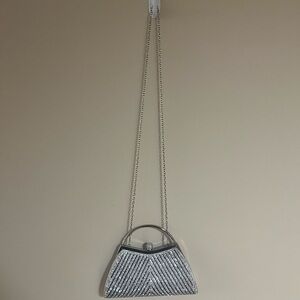 Vintage Silver Rhinestone Evening Clutch with Chain